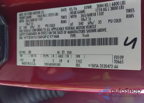 2016 Ford F-150 Xlt from USA, damaged, VIN 1FTEW1CG0GFC17168